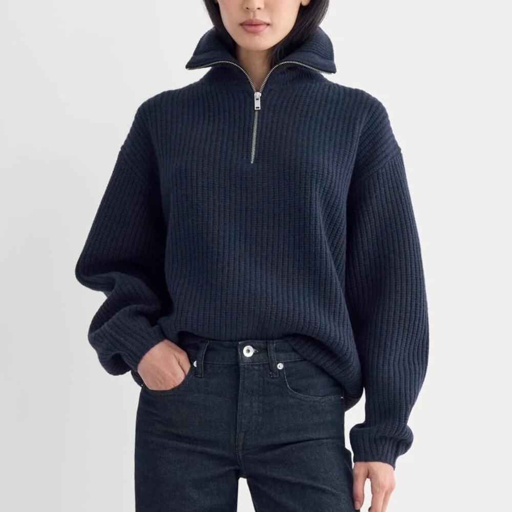 Everlane The Half Zip Sweater In Luxe Merino Wool Navy Blue Size Large NWT